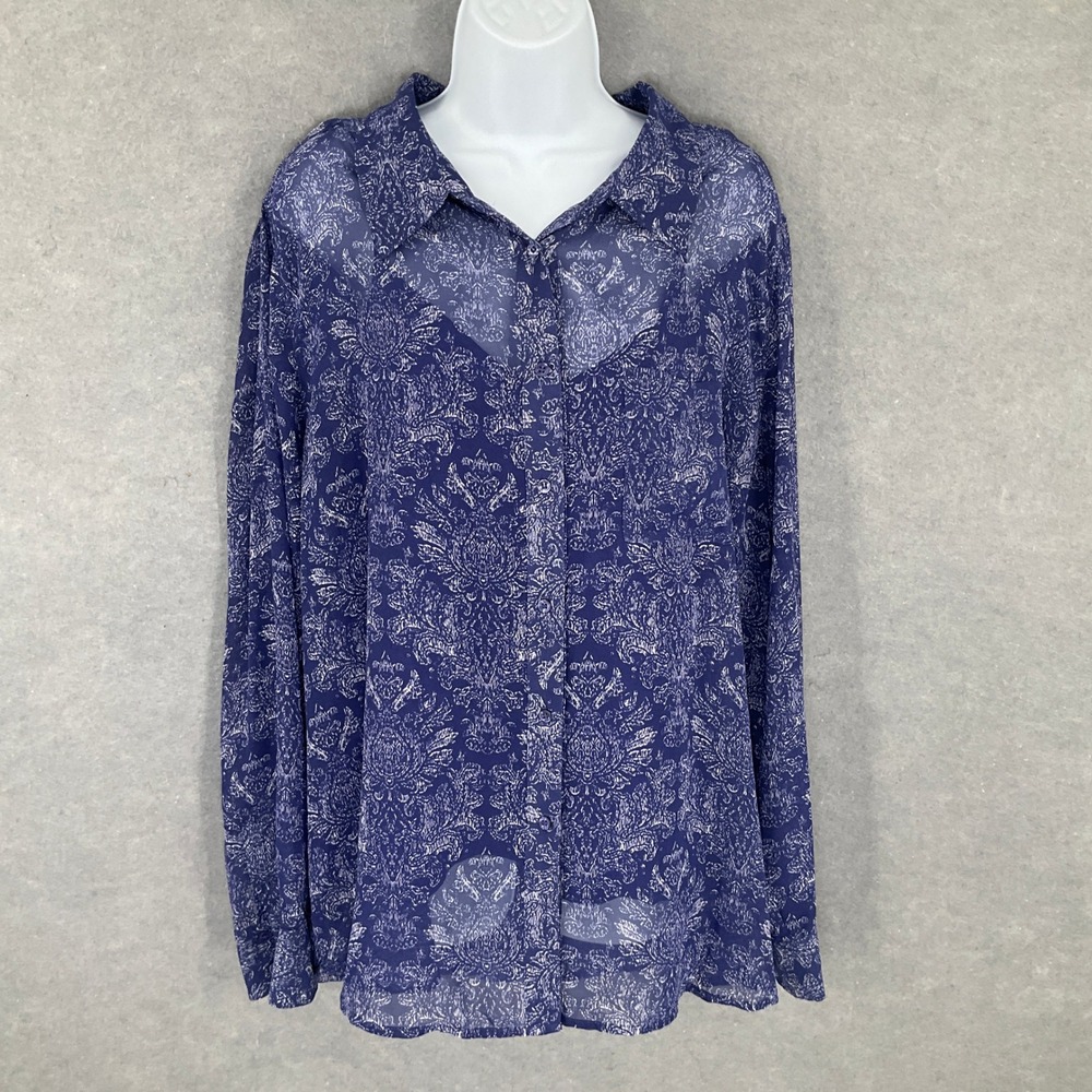 Liz Claiborne Woman 3X Blue Floral Print‎ Long Sleeve Button Down Blouse Top